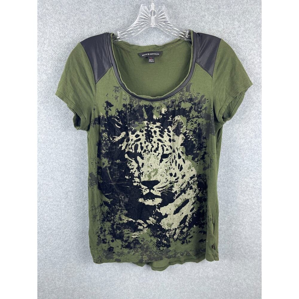 Rock & Republic Shirt Womens S Olive Green Leopard Graphic Short Sleeve Tee